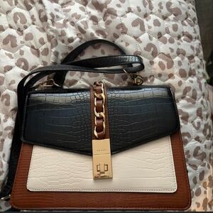 ALDO Black, Cream & Brown Croc-Embossed Satchel with Gold Chain Accent